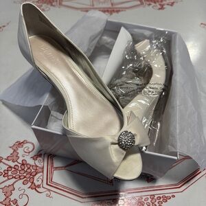 David's Bridal Cream Peep-Toe Heels with Crystal Detail